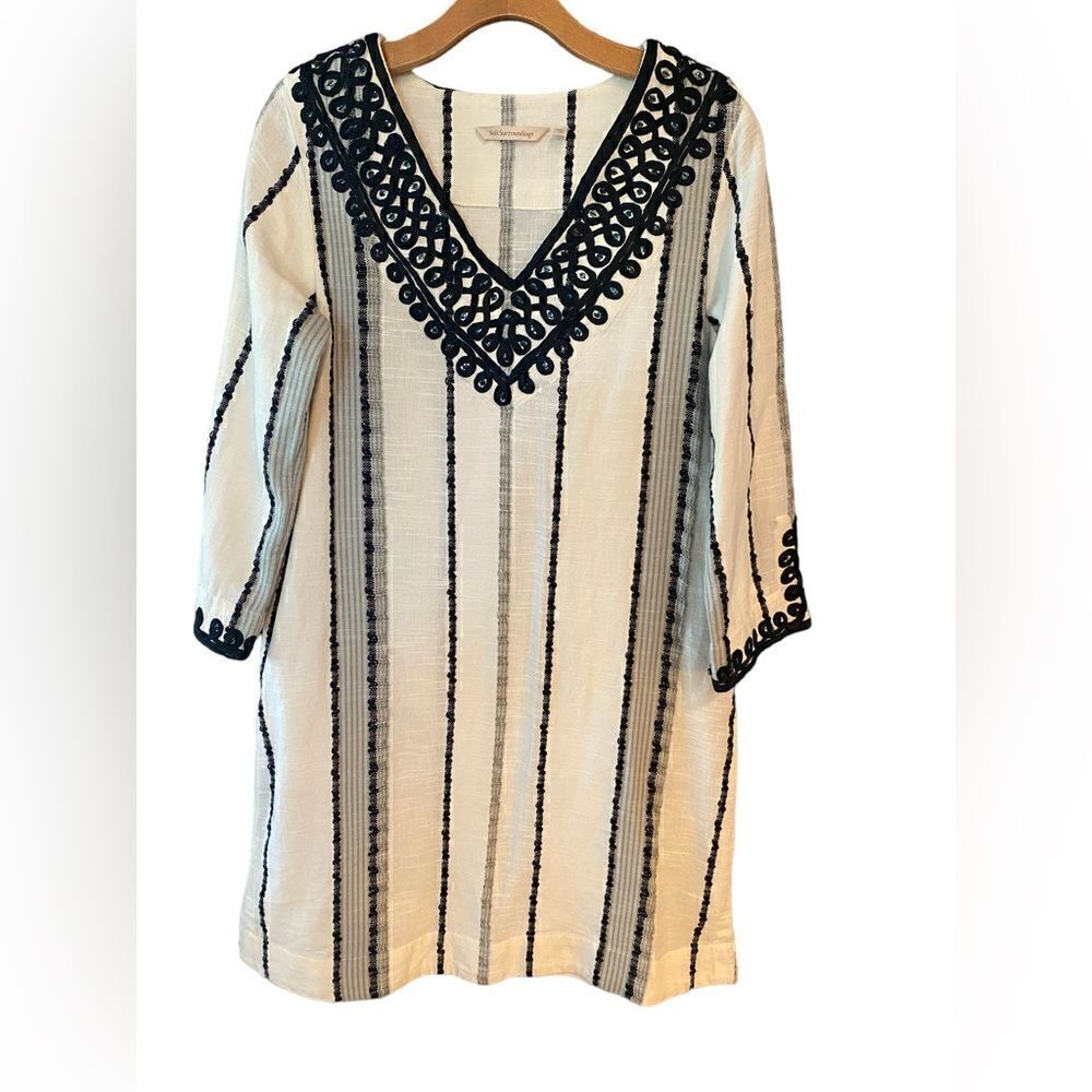 Soft Surroundings Sz XS Blk Coco De Mer Embroidered V-Neck Boho Tunic Dress